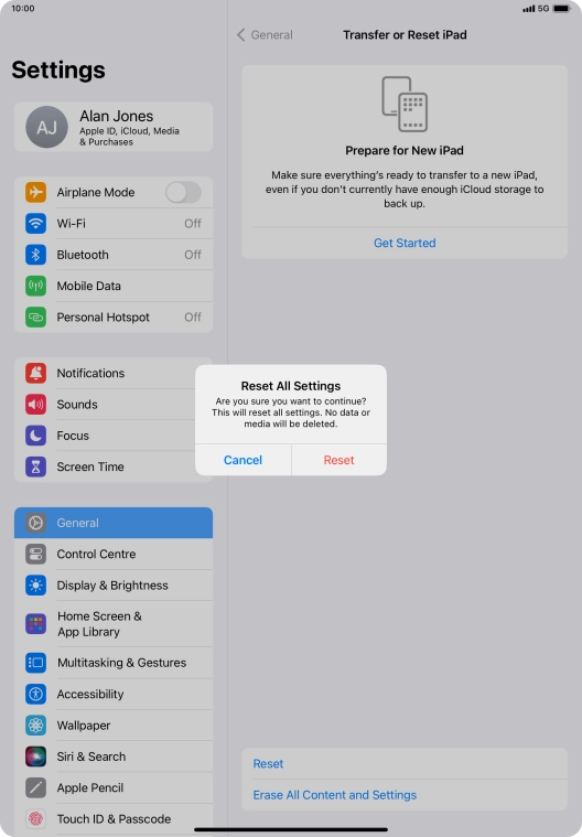 Press Reset. Wait a moment while the factory default settings are restored. Follow the instructions on the screen to set up your tablet and prepare it for use.