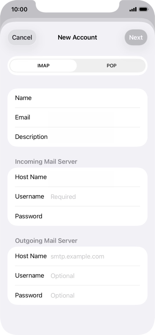 Press Username and key in the username for your email account.