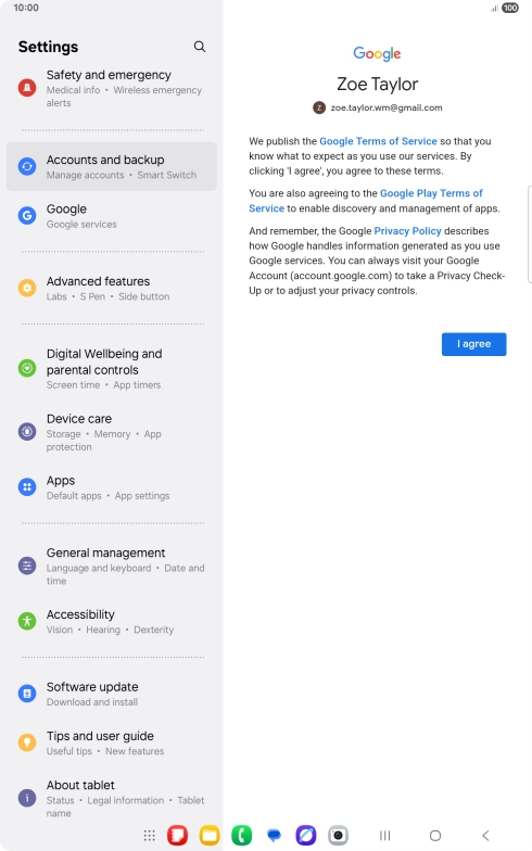 Press I agree and follow the instructions on the screen to select settings for your Google account.