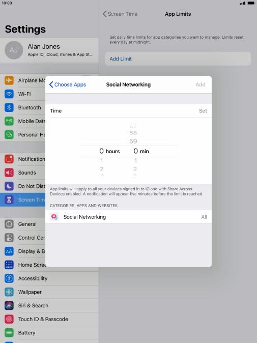 Set the required time limit for use of the selected category.