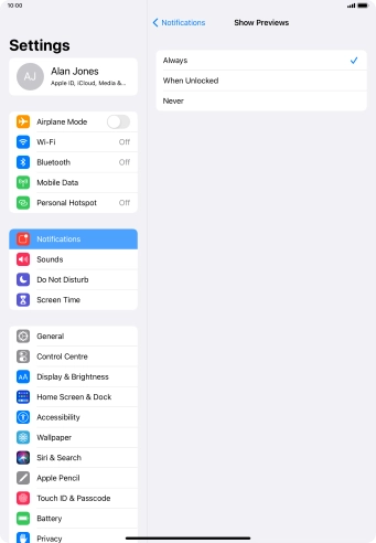 To select notification preview on the lock screen, press Always.