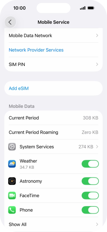 Press the indicators next to the required applications to turn the function on or off.