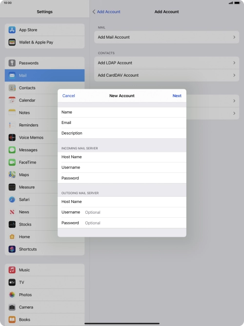 Press Username and key in the username for your email account.
