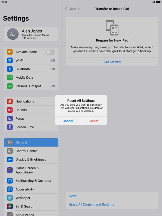 Press Reset. Wait a moment while the factory default settings are restored. Follow the instructions on the screen to set up your tablet and prepare it for use.