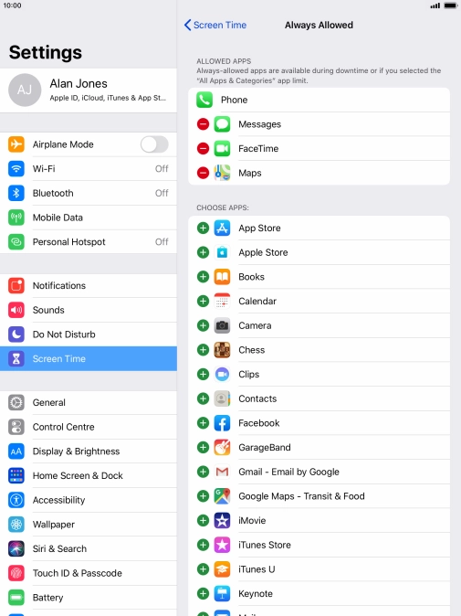 Press the add icon next to the required app to add it to the list of allowed apps during Downtime.
