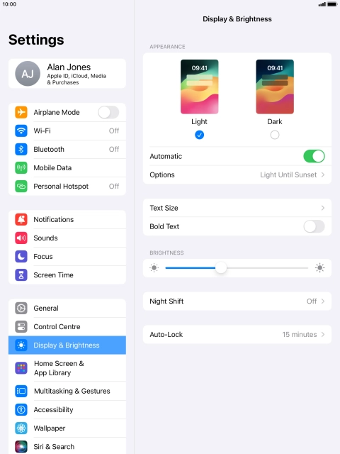 If you turn on the function, press Options and follow the instructions on the screen to select the required period of time for Dark Mode.