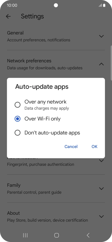 To turn on automatic update of apps using mobile network, press Over any network.