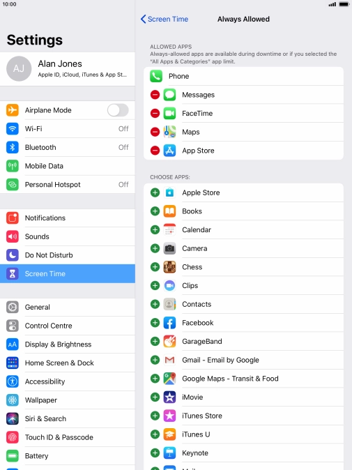 Press the remove icon next to the required app to remove it from the list of allowed apps during Downtime.