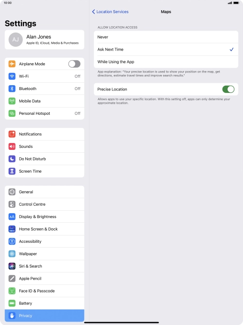 Press the required setting to turn the function on or off.