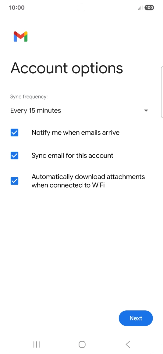 If this screen is displayed, you email account has been recognised and set up automatically. Follow the instructions on the screen to key in more information and finish setting up your phone.