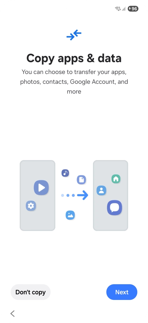 You can transfer the contents of another phone to your phone when it's activated for the first time and after a factory reset. When this screen is displayed, your phone is ready to transfer contents from another phone.