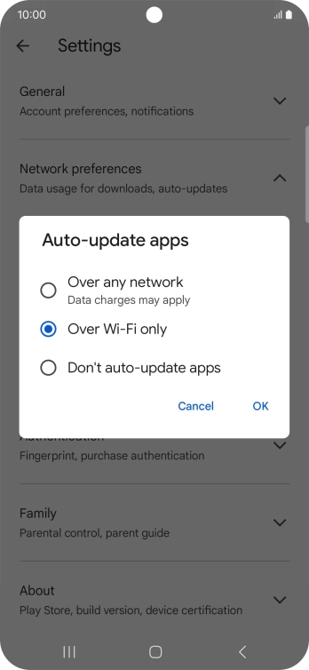 To turn on automatic update of apps using mobile network, press Over any network.