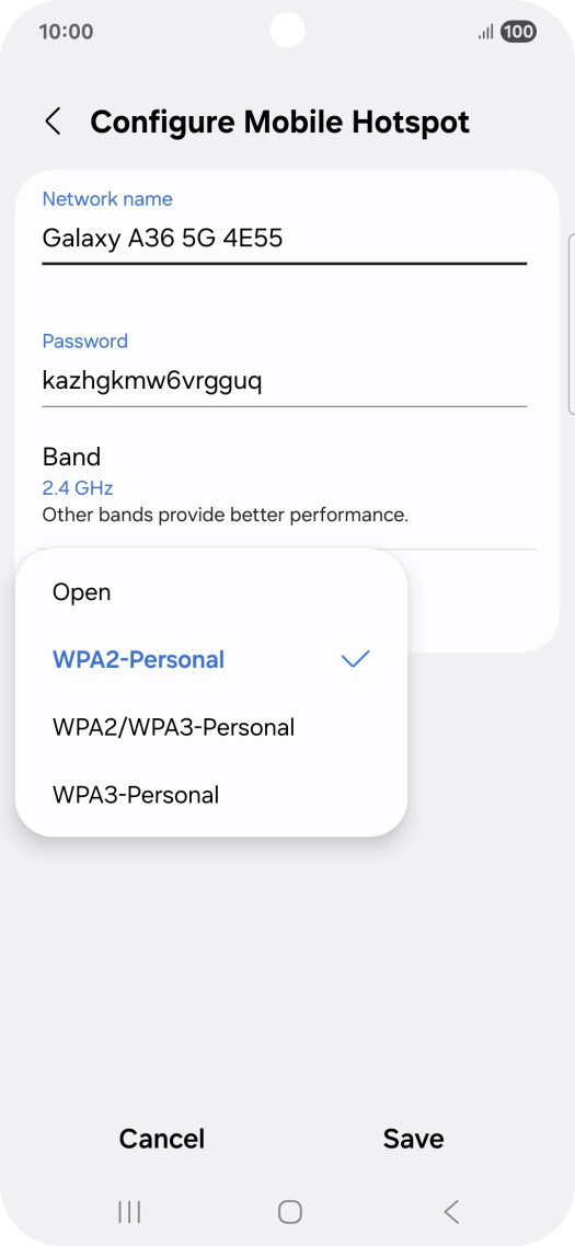 Press WPA3-Personal to password protect your Wi-Fi hotspot.