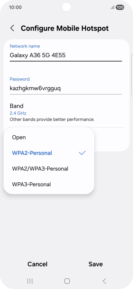 Press WPA3-Personal to password protect your Wi-Fi hotspot.