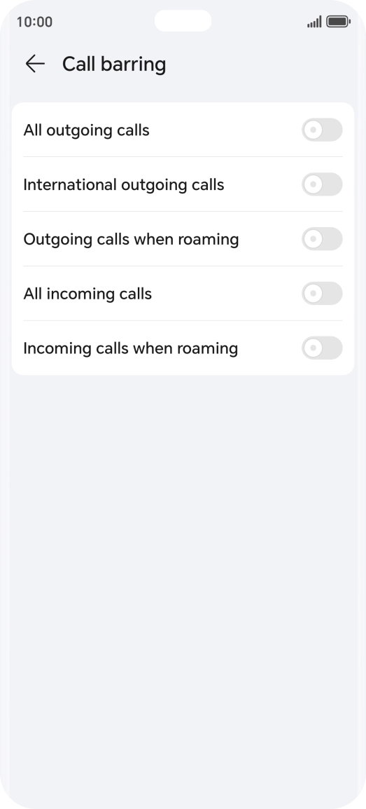 Press the indicator next to the required barring type to turn the function on or off.