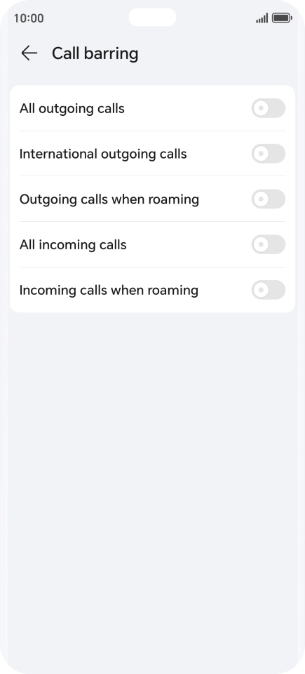 Press the indicator next to the required barring type to turn the function on or off.
