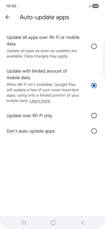 To turn on automatic update of apps using mobile network, press Update all apps over Wi-Fi or mobile data.