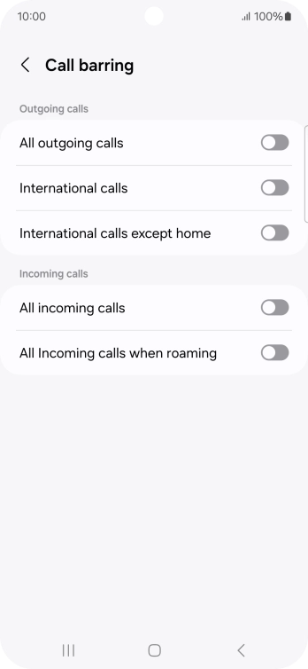Press the indicator next to the required barring type to turn the function on or off.