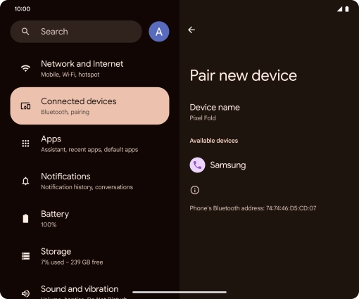 Press the required Bluetooth device and follow the instructions on the screen to pair the device with your phone.