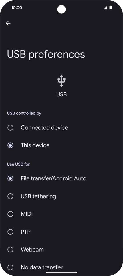 Press File transfer/Android Auto.