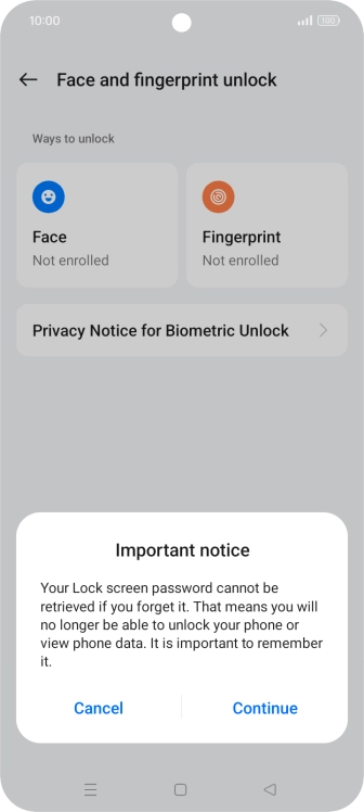 Press Continue and follow the instructions on the screen to create an additional phone lock code.