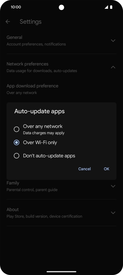 To turn on automatic update of apps using mobile network, press Over any network.