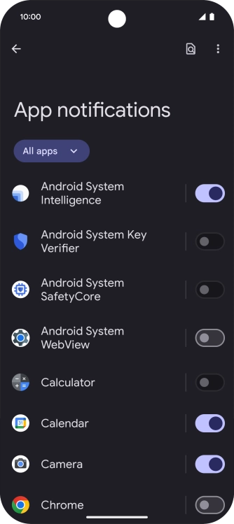 Press the indicator next to the required apps to turn the function on or off.