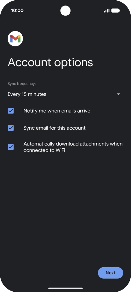 If this screen is displayed, you email account has been recognised and set up automatically. Follow the instructions on the screen to key in more information and finish setting up your phone.