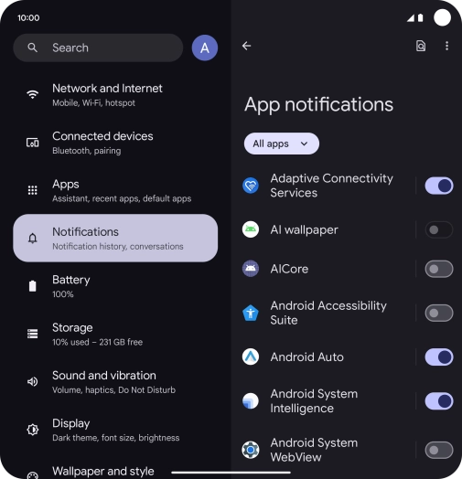 Press the indicator next to the required apps to turn the function on or off.
