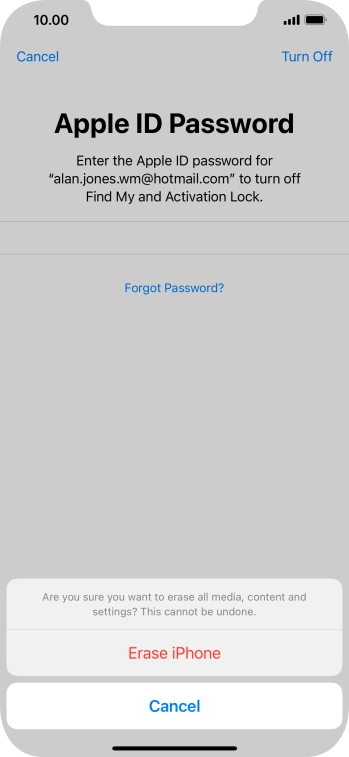 Key in the password for your Apple ID and press Erase iPhone. Wait a moment while the factory default settings are restored. Follow the instructions on the screen to set up your phone and prepare it for use.