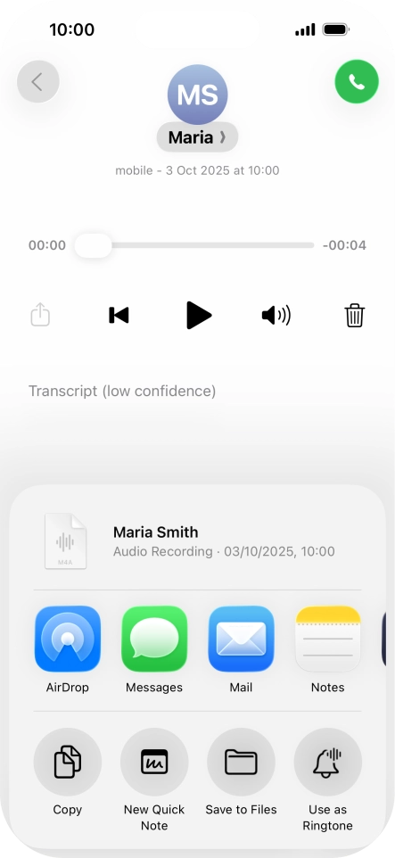 Press the required setting and follow the instructions on the screen to share or save the message.