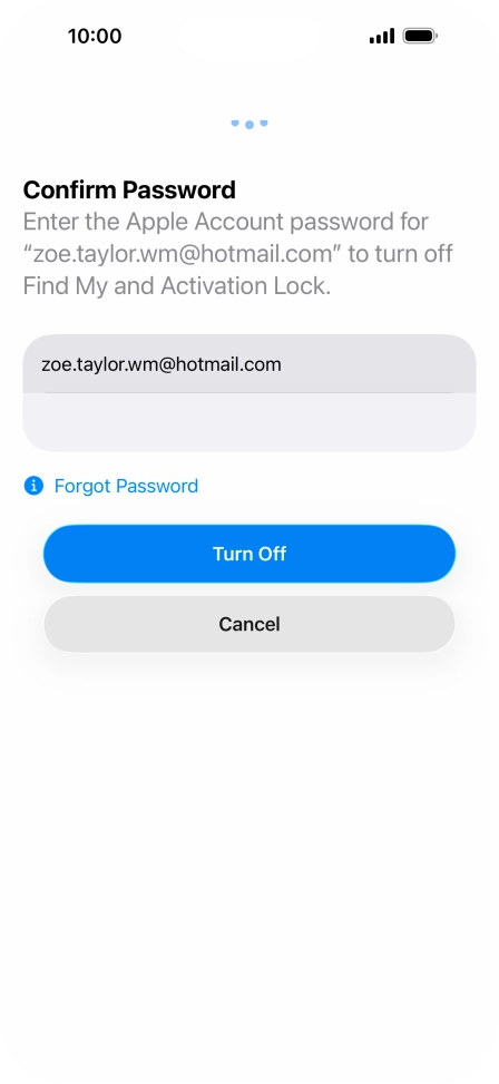 Key in the password for your Apple Account and press Turn Off. Wait a moment while the factory default settings are restored. Follow the instructions on the screen to set up your phone and prepare it for use.