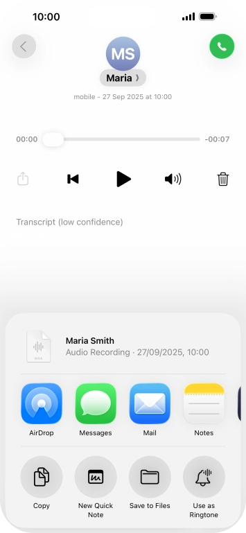 Press the required setting and follow the instructions on the screen to share or save the message.