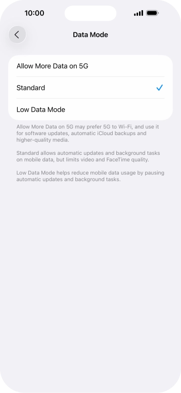 Press the required setting.