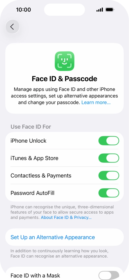 Press the indicators next to the required settings to turn them on or off.