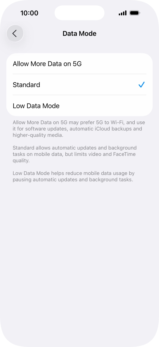 Press the required setting.