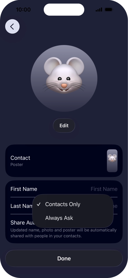 Press the required setting.