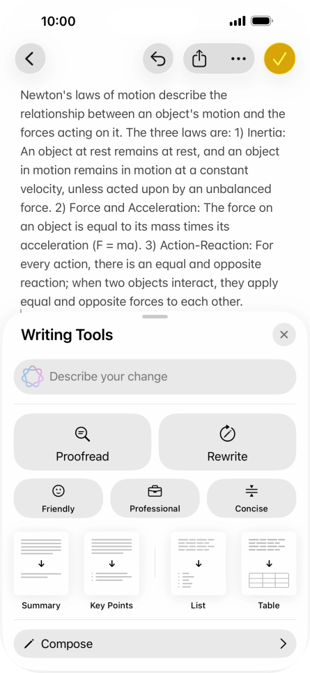 Press Describe your change and write in your own words how you would like the text to be rewritten. Follow the instructions on the screen to use the function.