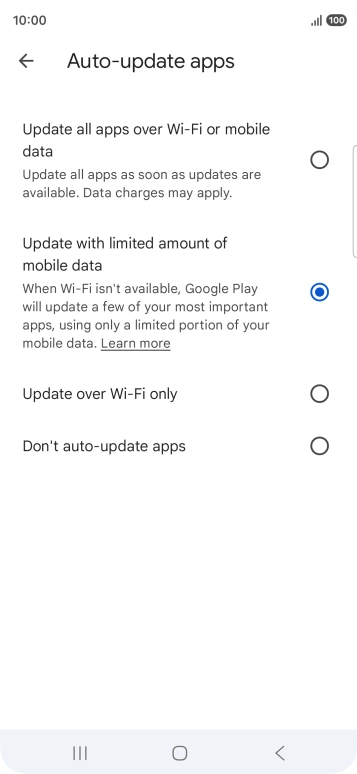 To turn on automatic update of apps using mobile network, press Update all apps over Wi-Fi or mobile data.