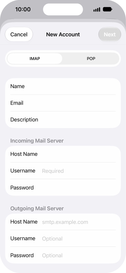 Press Username and key in the username for your email account.