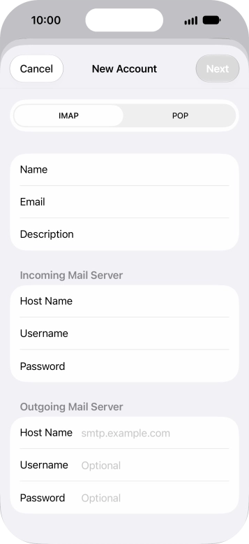 Press Host Name and key in the name of your email provider's outgoing server. Press Host Name and key in the name of your email provider's outgoing server.