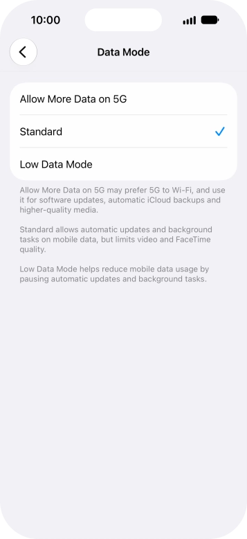 Press the required setting.