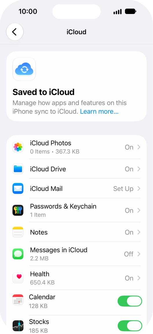 Press the indicators next to the required data types to turn synchronisation of each data type on or off.