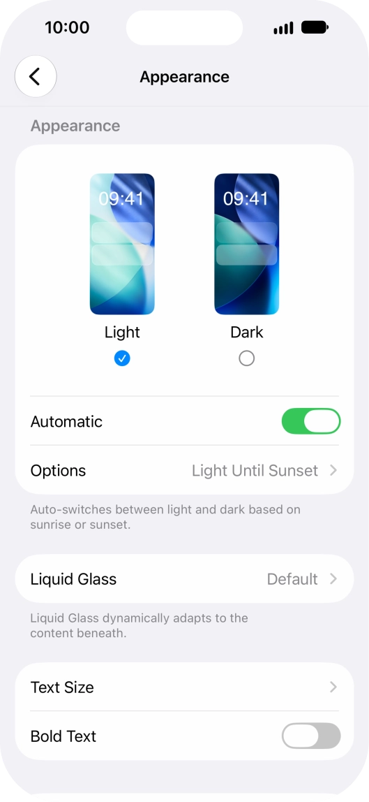 If you turn on the function, press Options and follow the instructions on the screen to select the required period of time for Dark Mode.