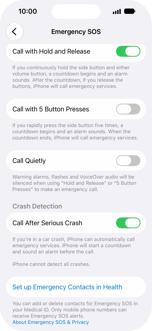 Press Set up Emergency Contacts in Health and follow the instructions on the screen to key in your emergency info and emergency contacts.