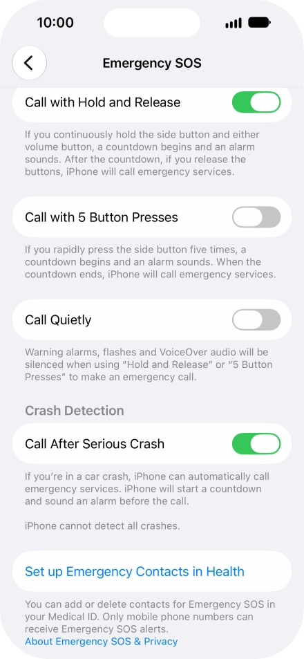 Press Set up Emergency Contacts in Health and follow the instructions on the screen to key in your emergency info and emergency contacts.
