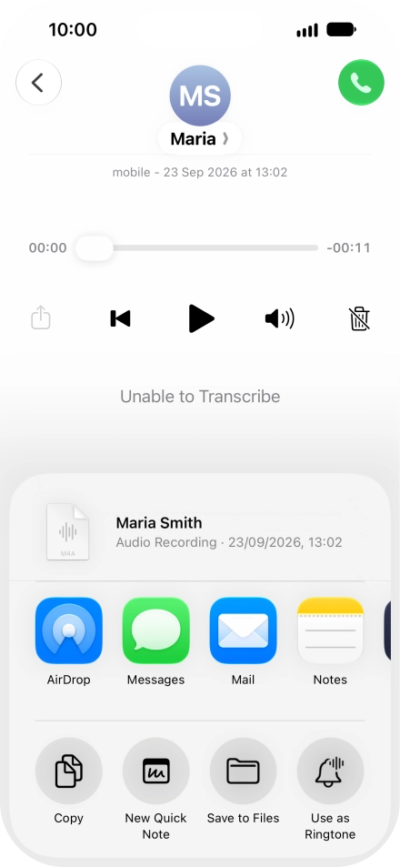 Press the required setting and follow the instructions on the screen to share or save the message.