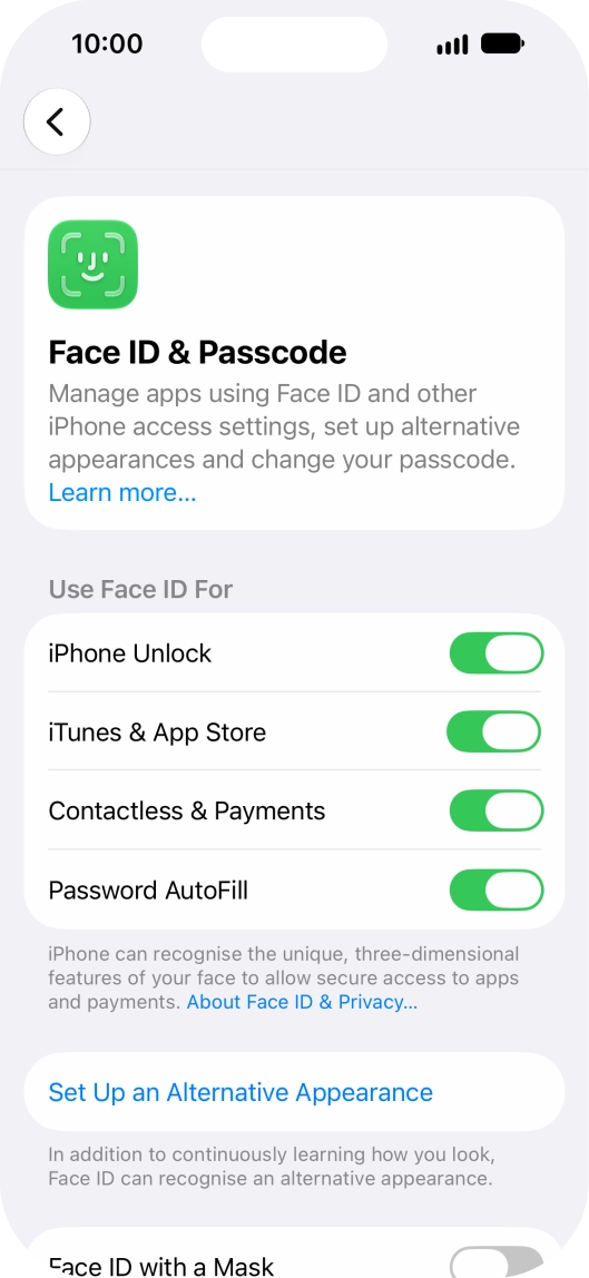 Press the indicators next to the required settings to turn them on or off.