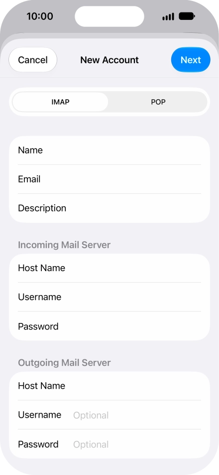 Press Username and key in the username for your email account.
