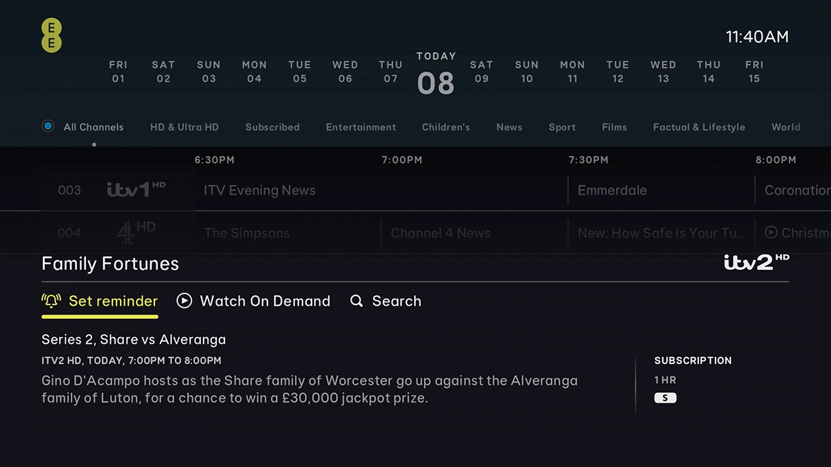 A short description of the selected programme is displayed.